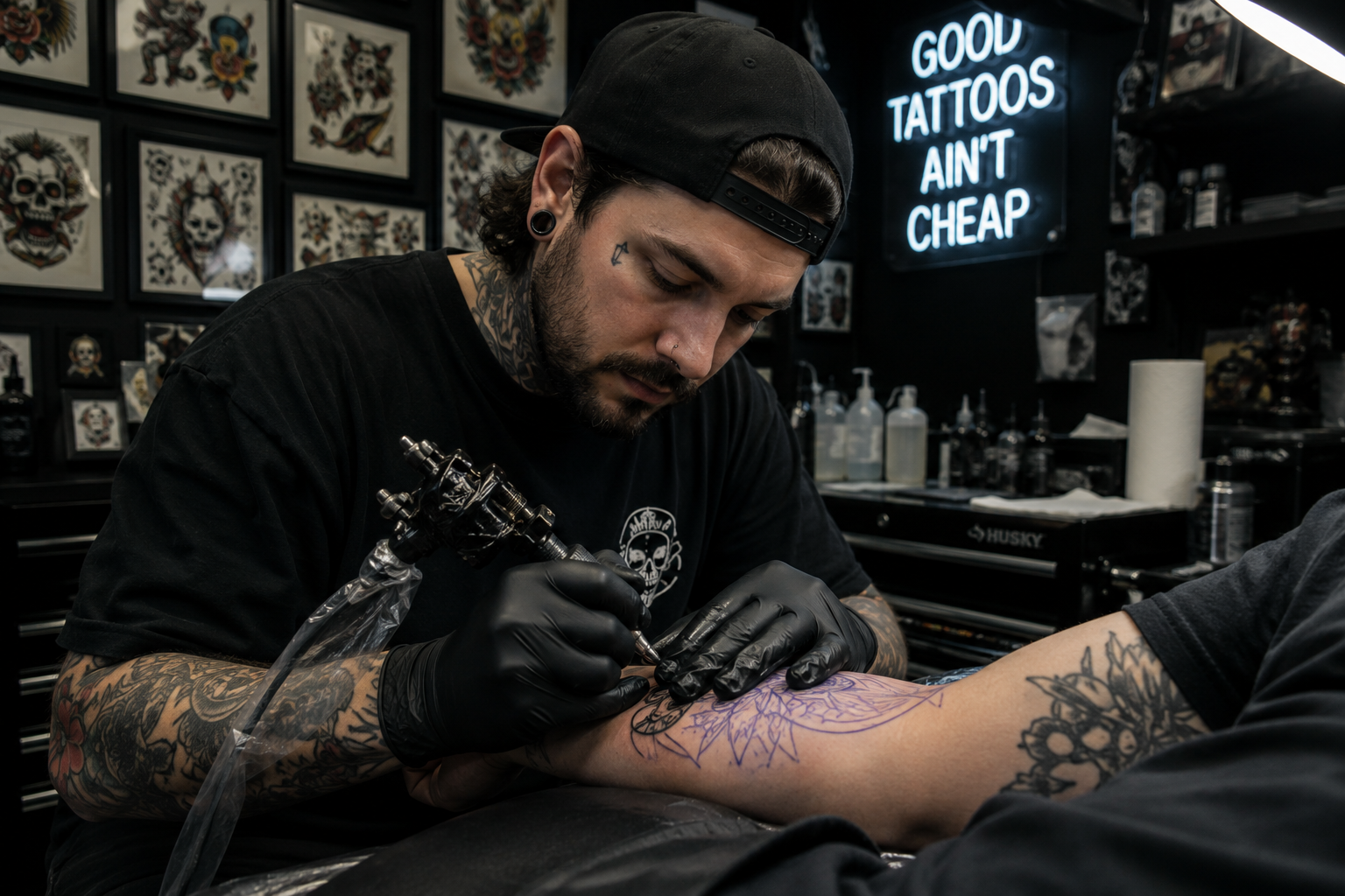 Tattoo artist in Nevada wearing black nitrile gloves while tattooing a client in a professional studio