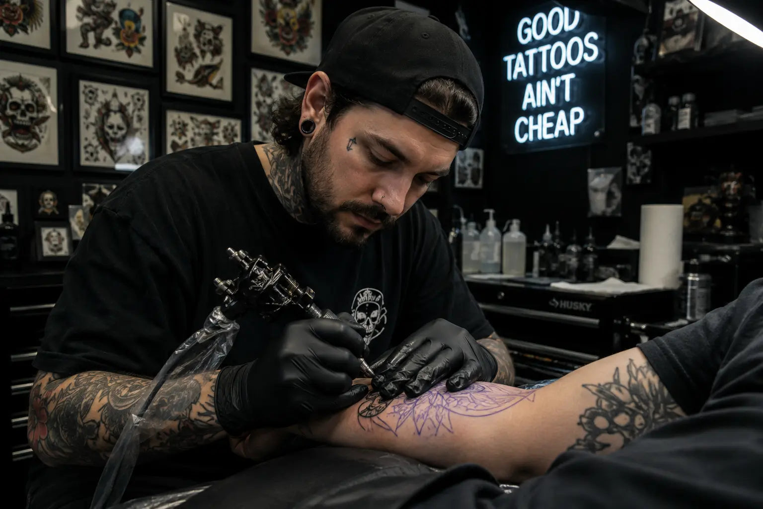 Tattoo artist in Nevada wearing black nitrile gloves while tattooing a client in a professional studio